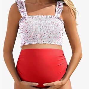 High-Waist Maternity Bikini Bottom with Smocked Floral Crop Top - Red/White